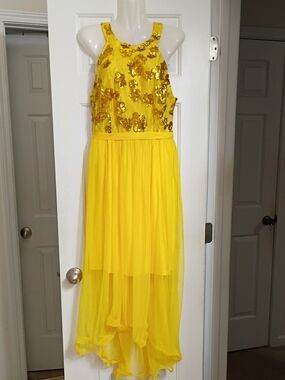 Girls Yellow Sequin Halter-Style High-Low Formal Dress